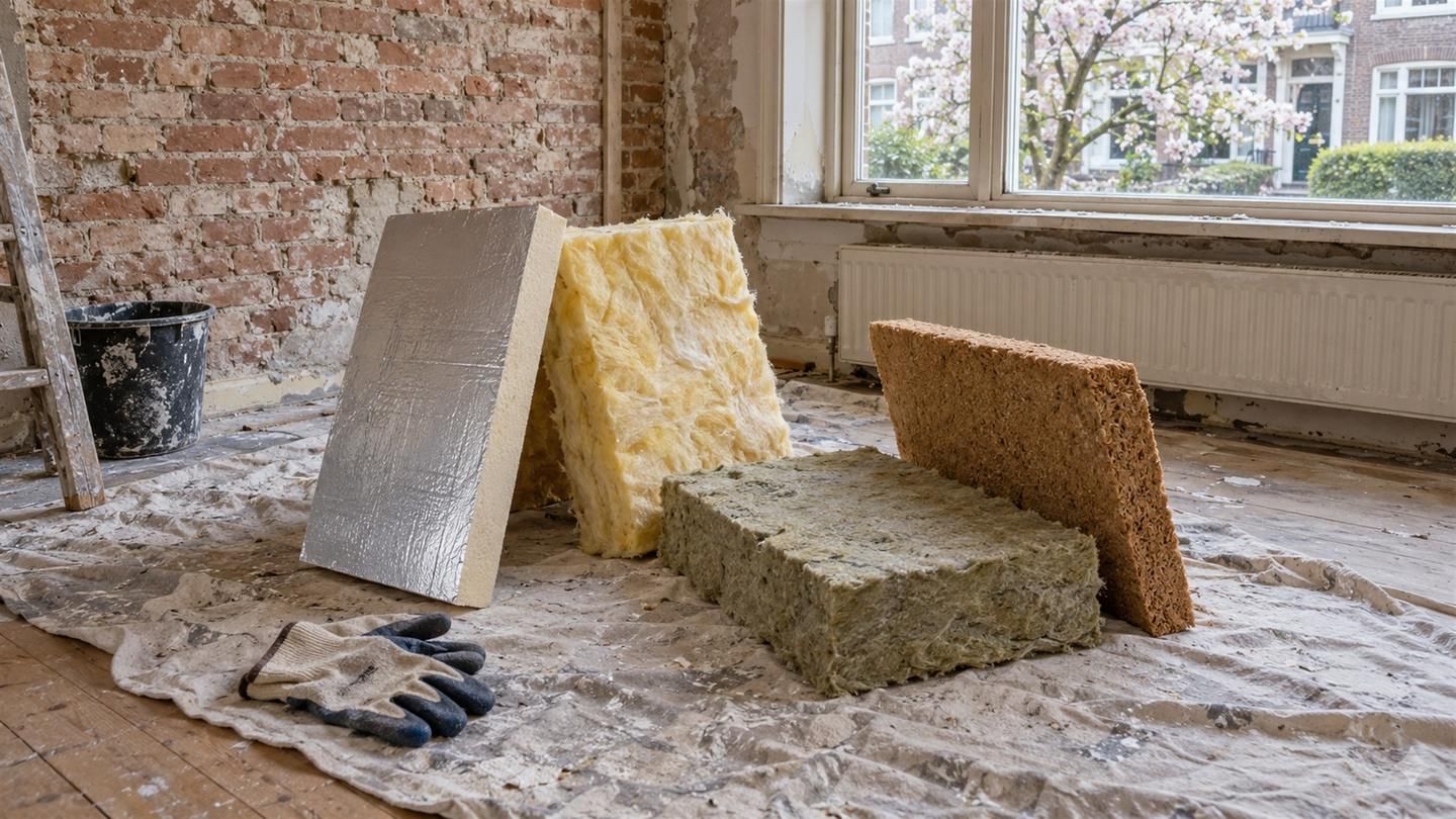 Proefstukken van PIR, glaswol, steenwol en houtvezel op een stoflaken in een kamer in verbouwing