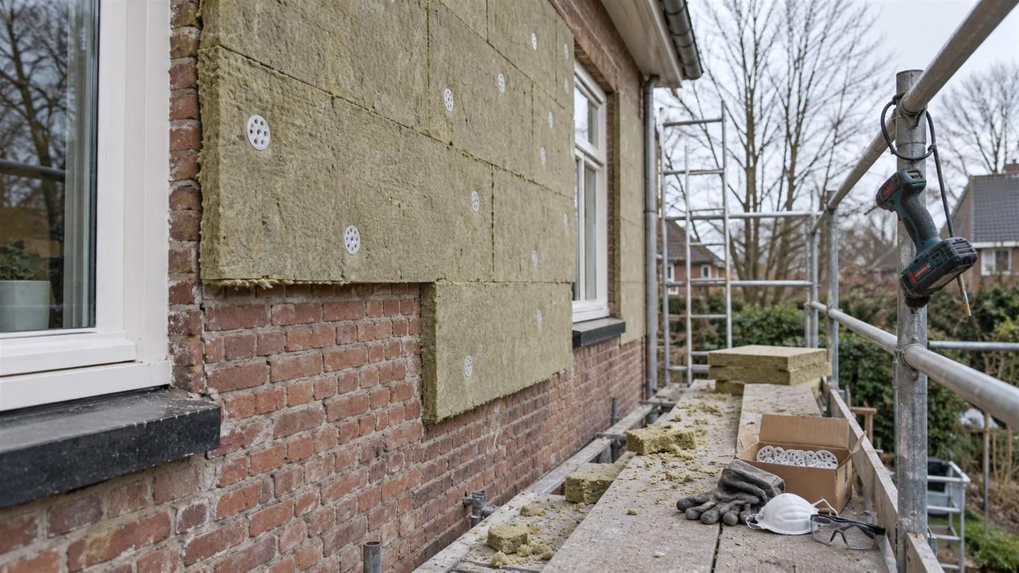 Buitenmuur van een vrijstaand huis half bekleed met steenwolplaten, met boor en isolatiepluggen op de steiger