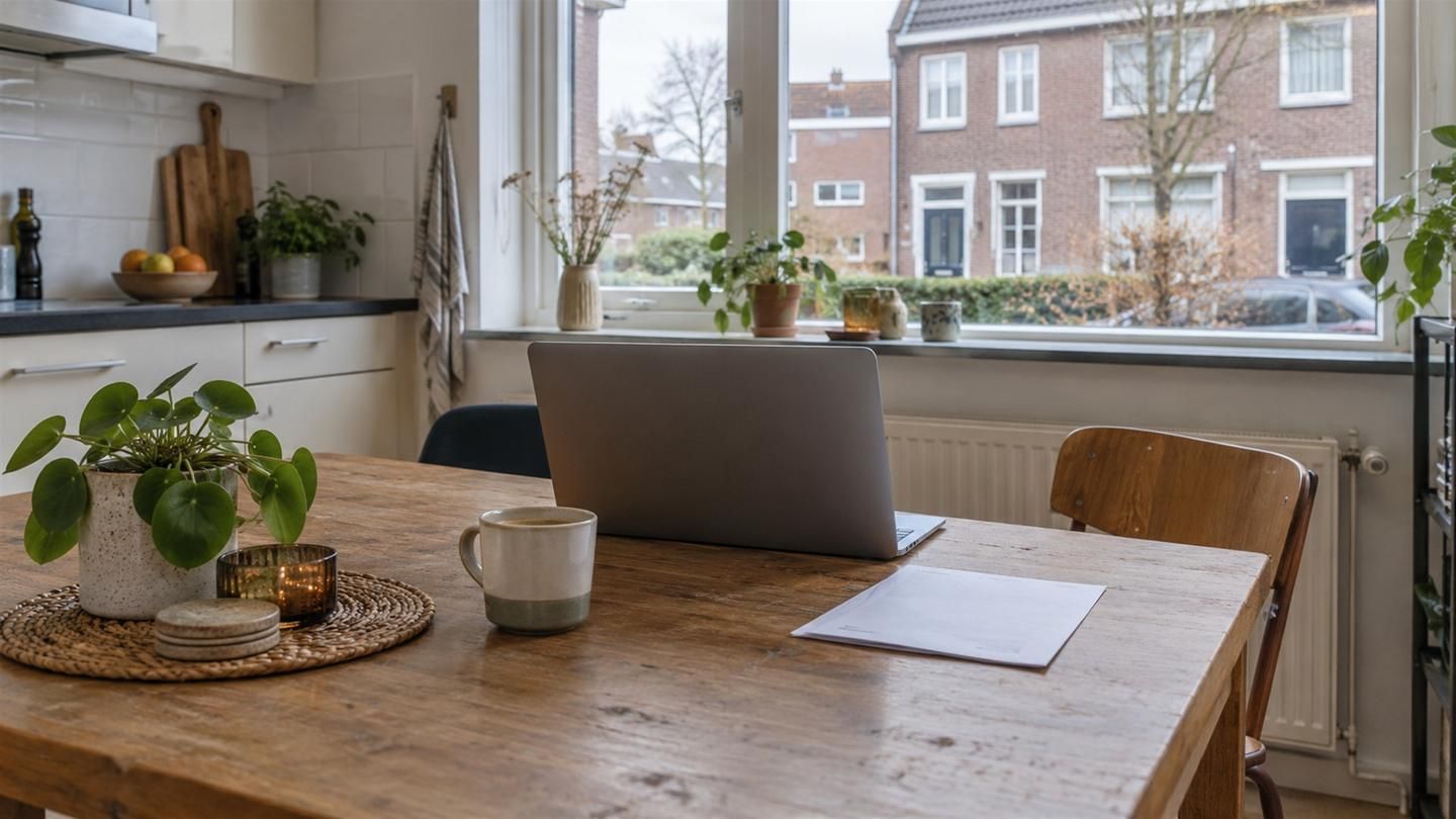 Laptop op de keukentafel met een kop koffie en een omgekeerde energierekening ernaast