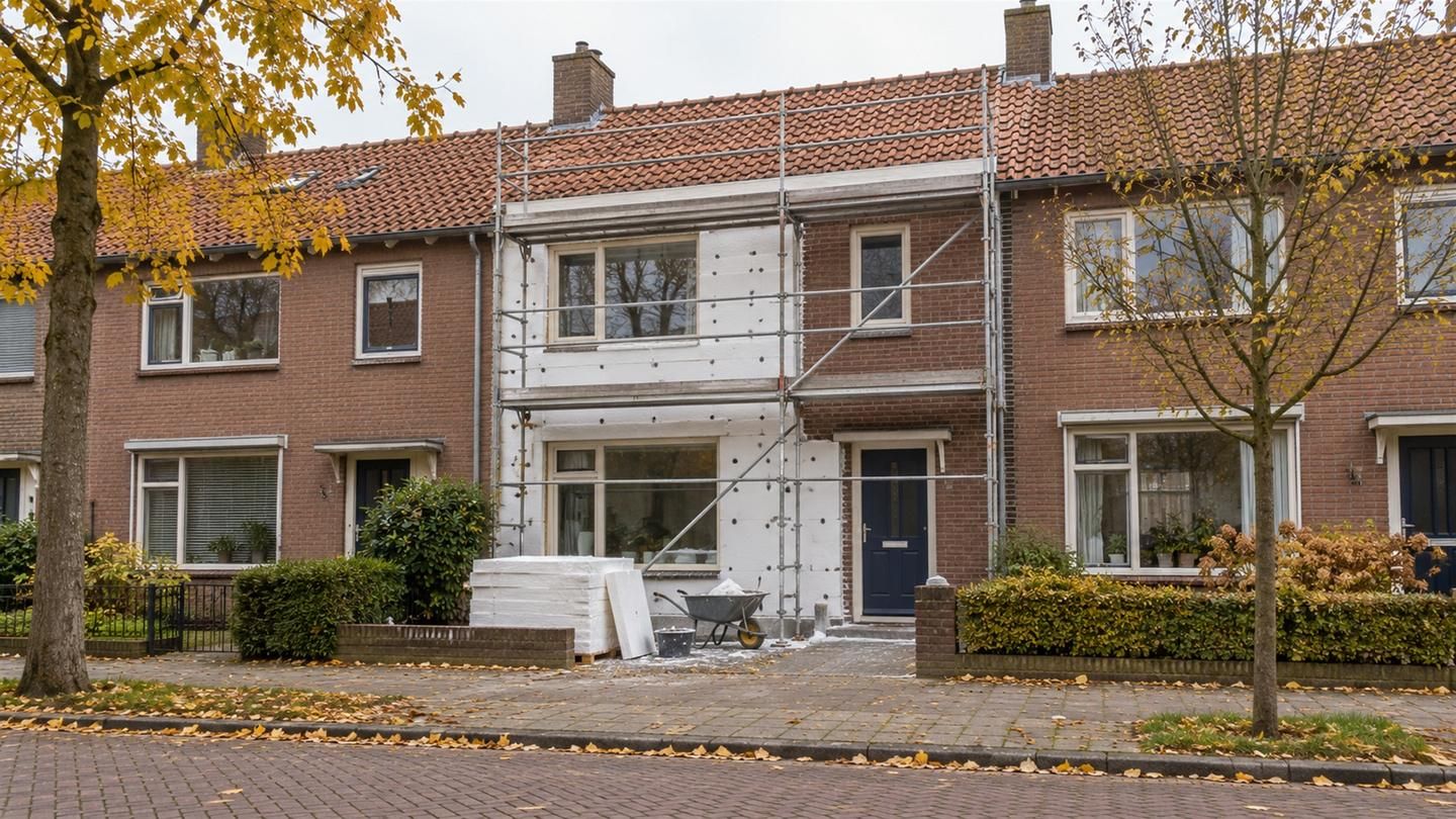 Rij rijtjeshuizen waarvan één huis in de steigers staat, de gevel half bekleed met witte isolatieplaten