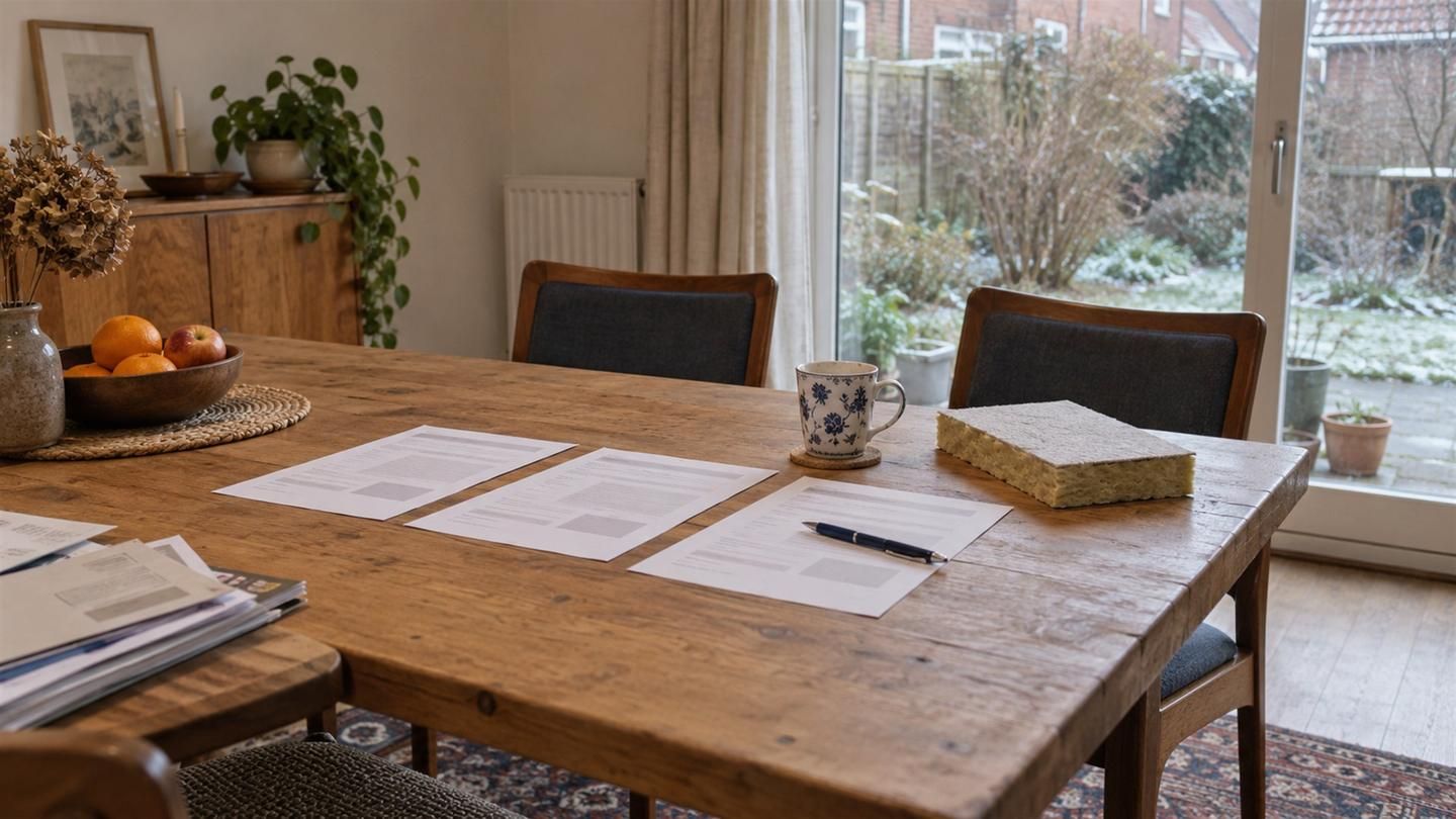 Drie offertes naast elkaar op een eettafel, met een pen, een mok thee en een stukje isolatieplaat