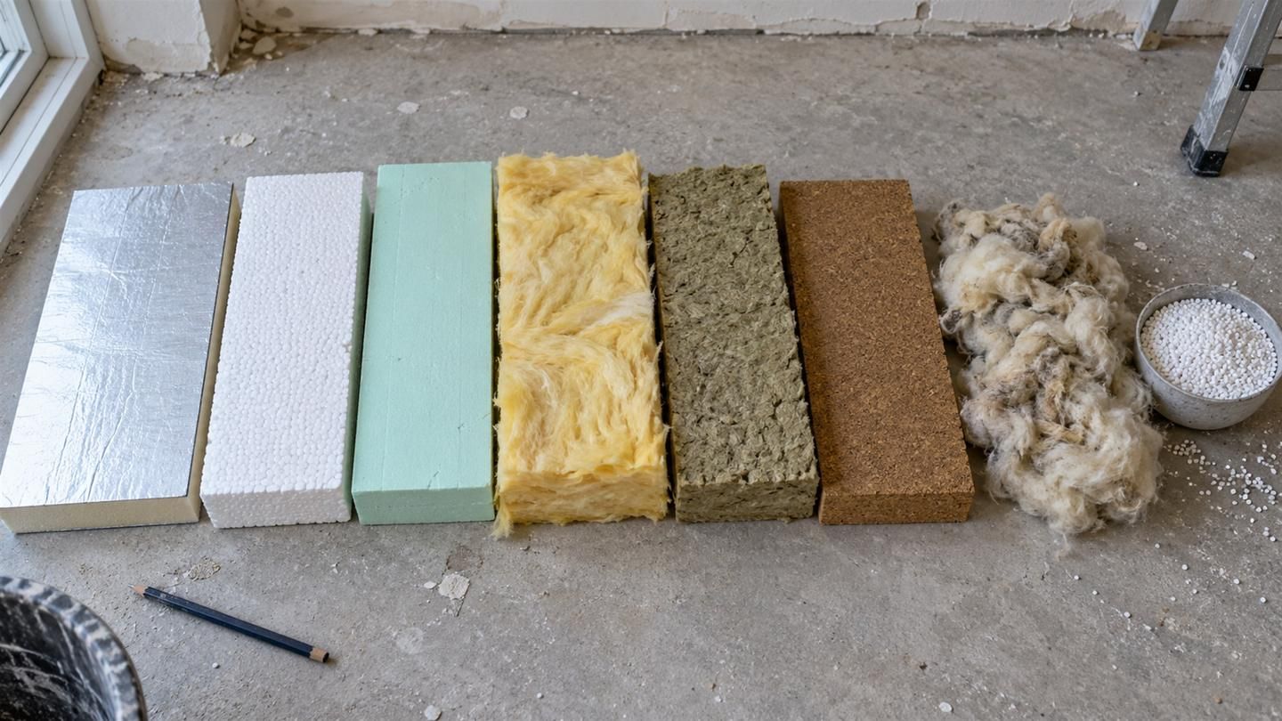 Isolatiematerialen naast elkaar: PIR, EPS, XPS, glaswol, steenwol, houtvezel, schapenwol en isolatieparels