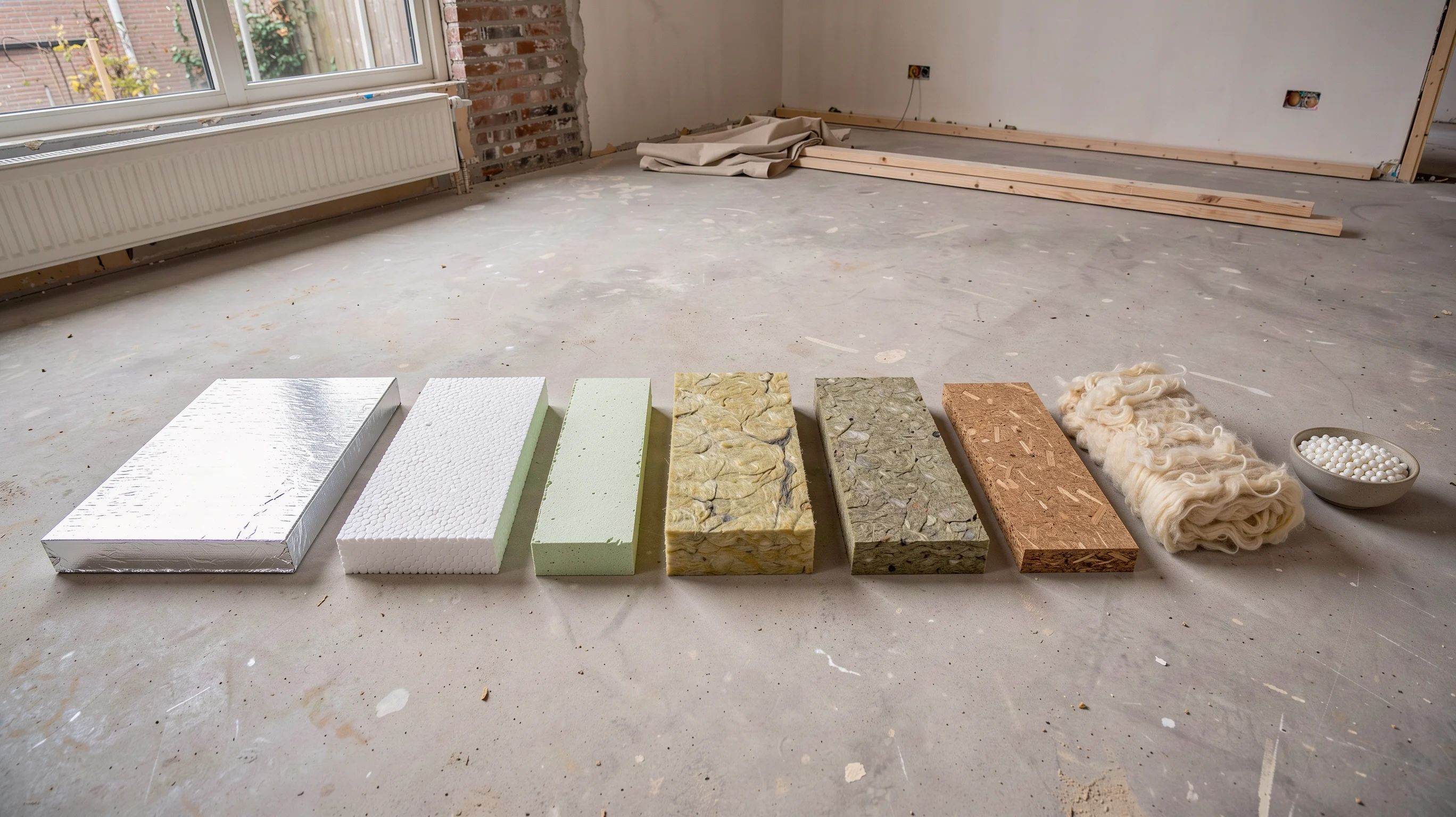 Isolatiematerialen naast elkaar: PIR, EPS, XPS, glaswol, steenwol, houtvezel, schapenwol en isolatieparels