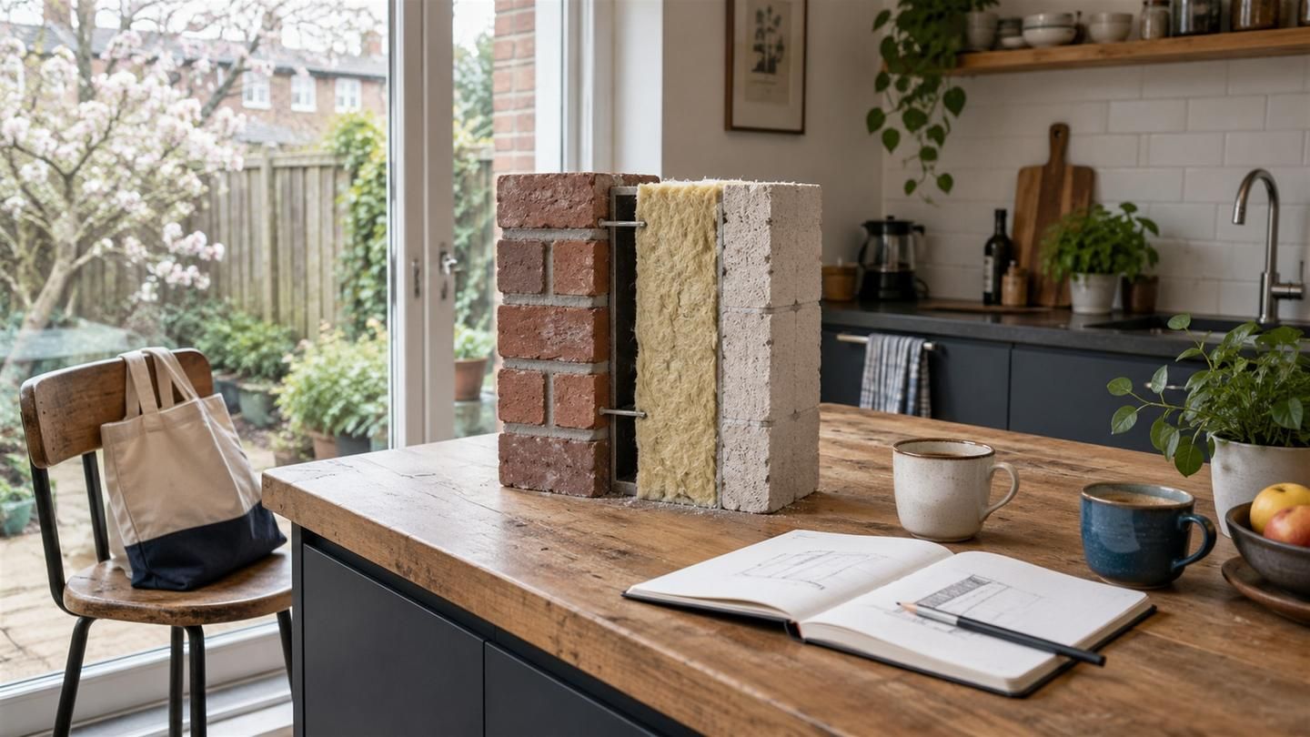 Doorsnede van een geïsoleerde spouwmuur op een keukeneiland, naast een notitieboek en twee koppen koffie