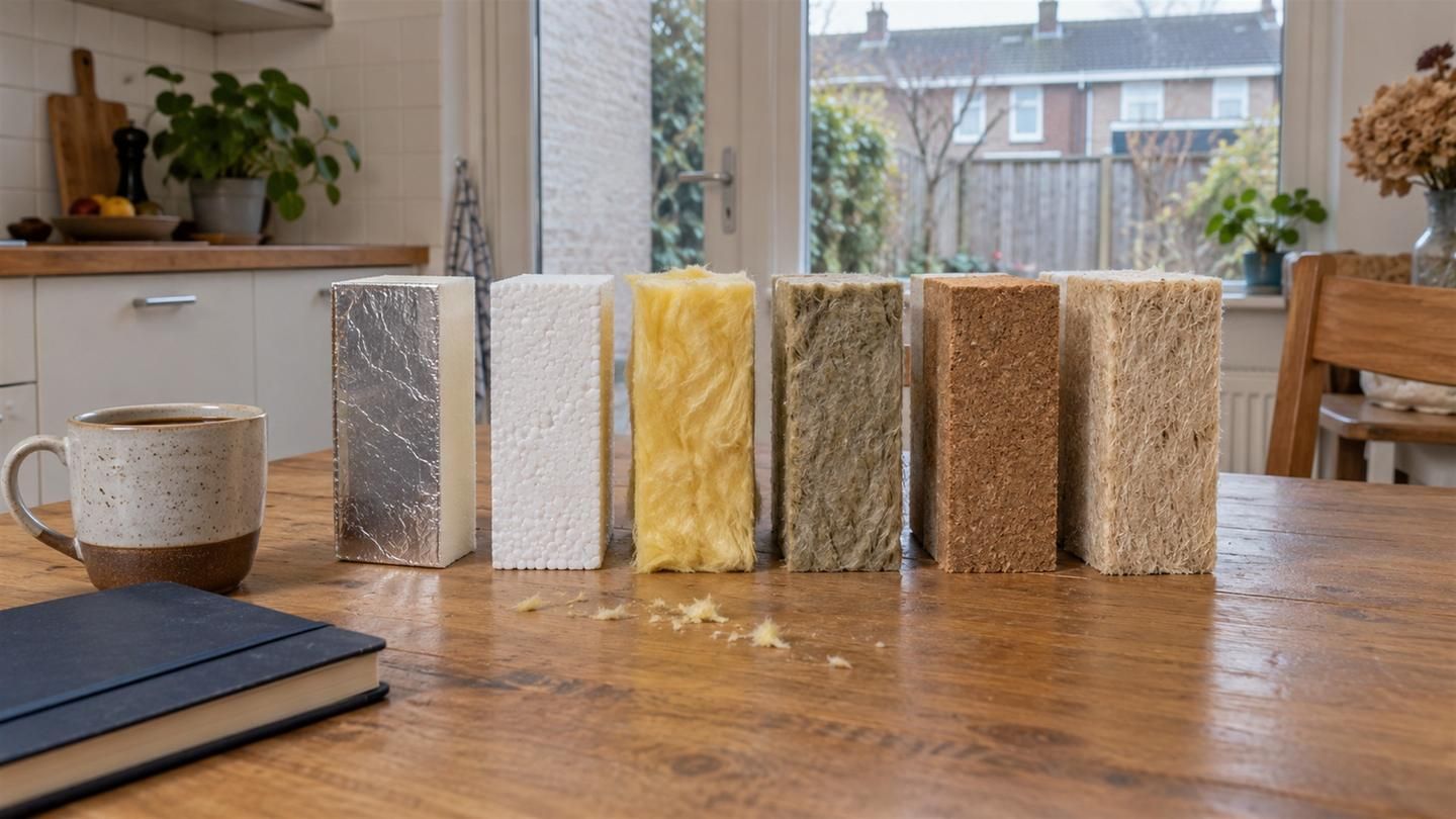 Even dikke proefstukken van PIR, EPS, glaswol, steenwol, houtvezel en hennep op een rij op een keukentafel