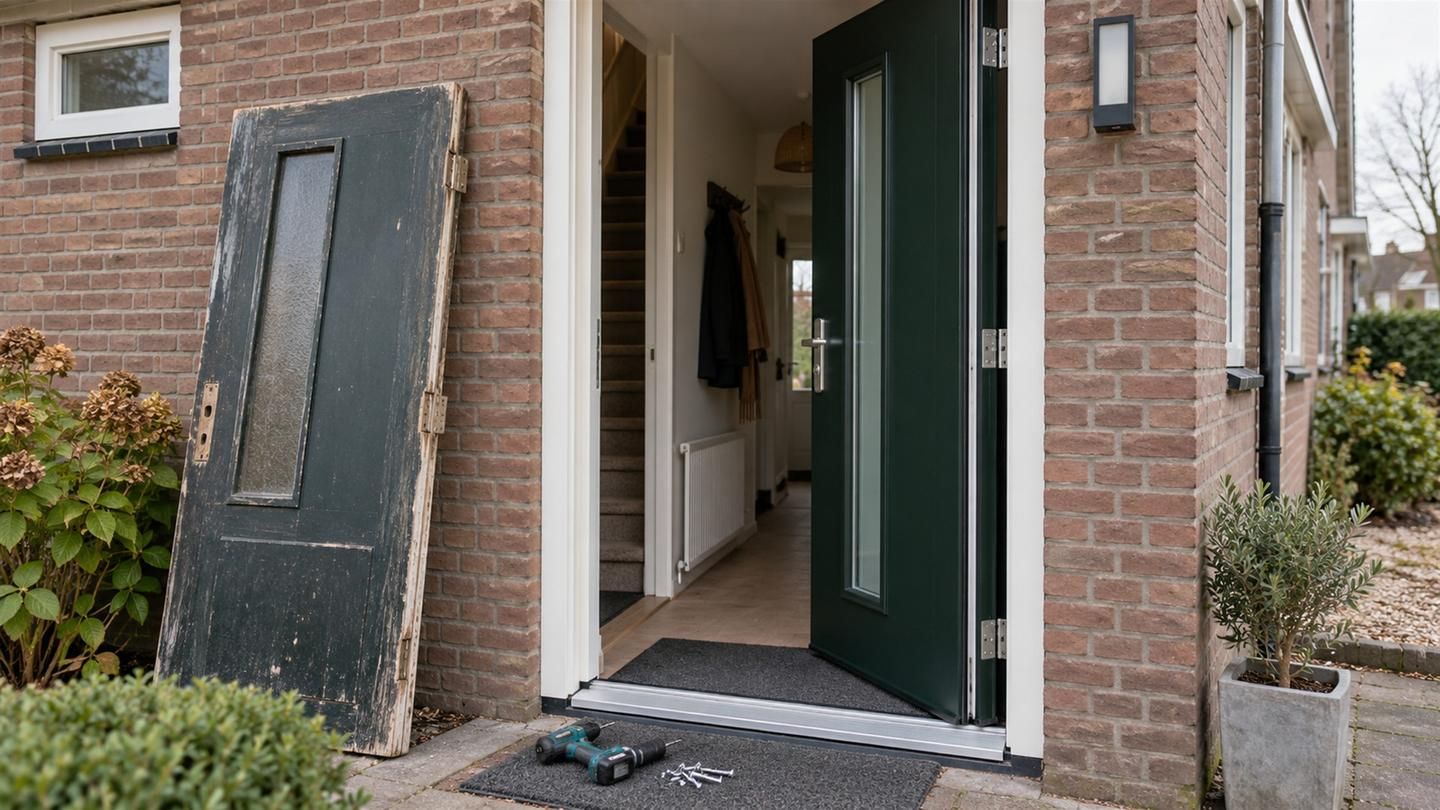 Nieuwe groene geïsoleerde voordeur met dubbele rubberen kierdichting, de oude deur leunt tegen de muur