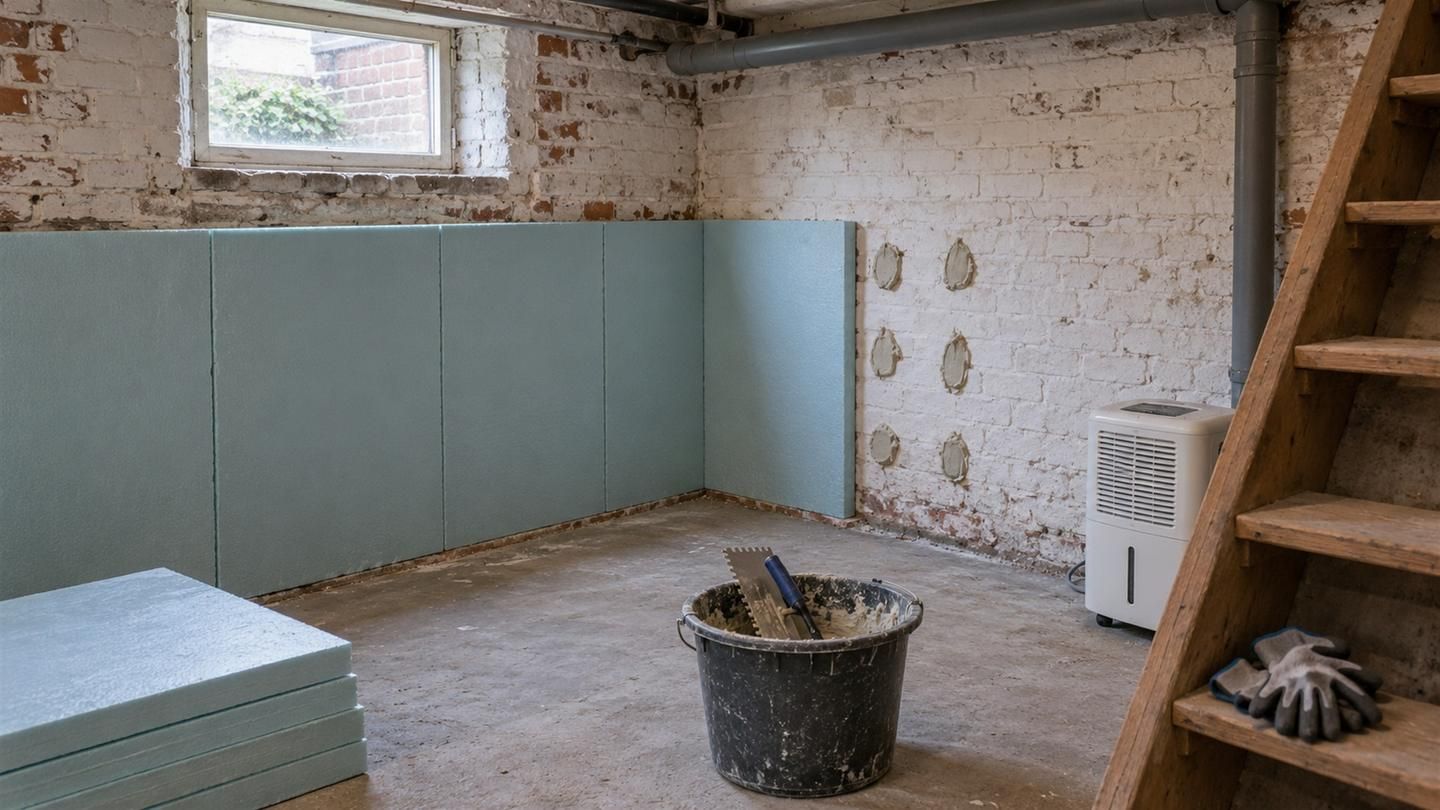 Kelder met isolatieplaten half tegen de witte bakstenen muur, lijmtoppen voor de volgende plaat en een houten keldertrap