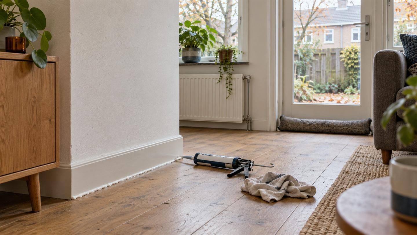 Kitpistool op een houten vloer naast een half afgekitte plint, met een tochtdichte tuindeur en een tochtrol
