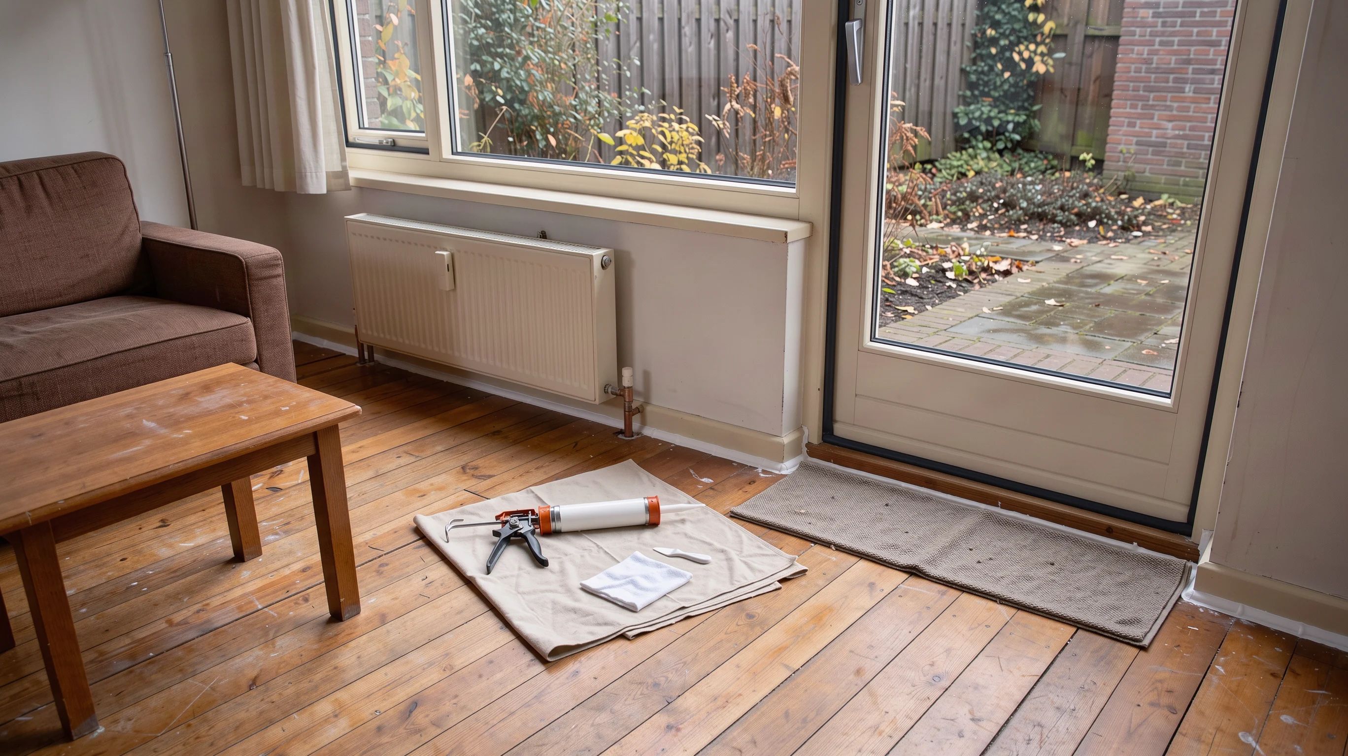 Kitpistool op een houten vloer naast een half afgekitte plint, met een tochtdichte tuindeur en een tochtrol