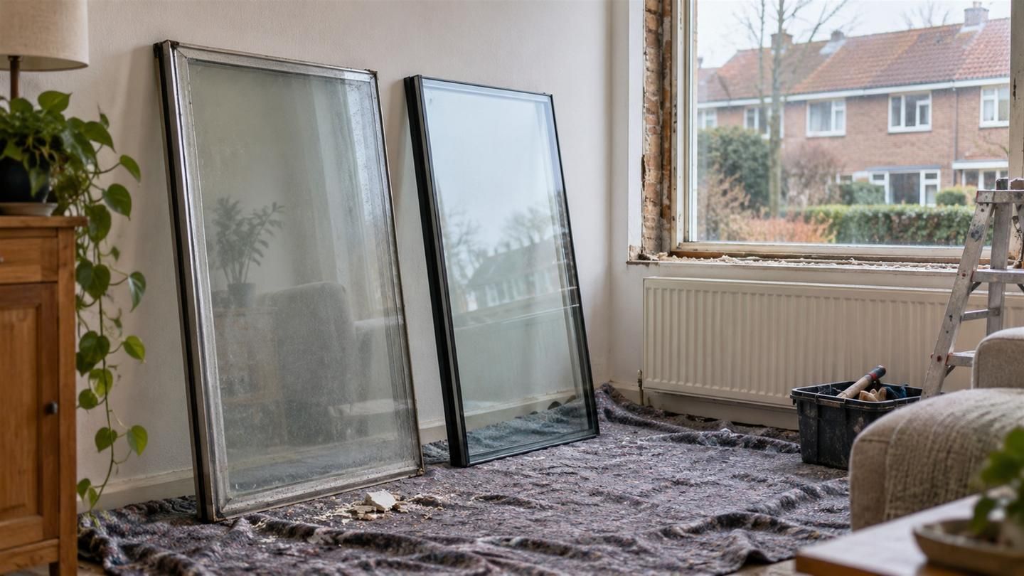 Een oude dubbele ruit met brede aluminium afstandhouder naast een nieuwe ruit met smalle donkere afstandhouder