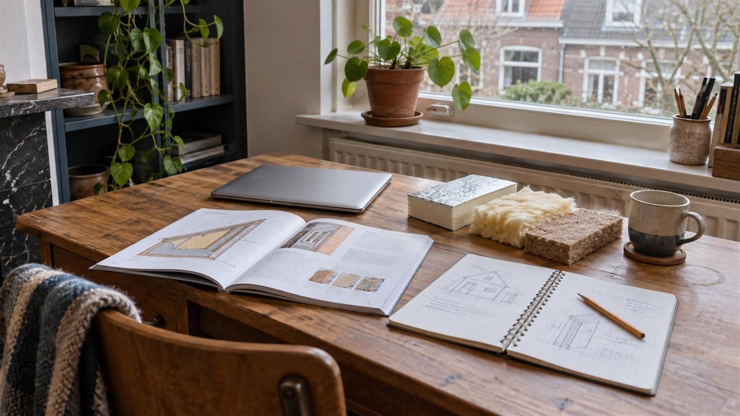 Bureau bij het raam met een laptop, een opengeslagen naslagwerk, een notitieboek en kleine stukjes isolatiemateriaal