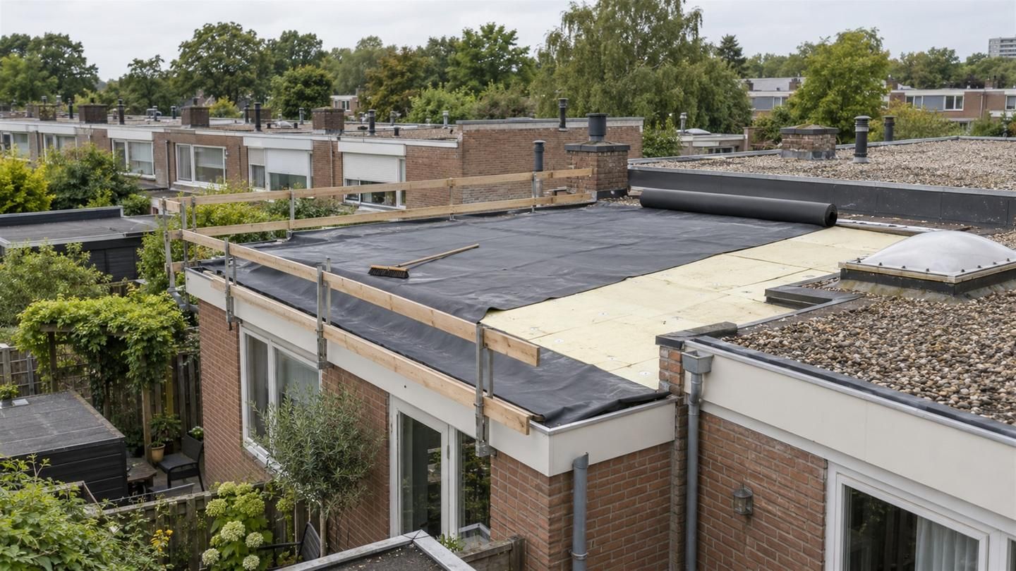 Zwarte EPDM half uitgerold over nieuwe isolatieplaten op een plat dak, met een bezem en dakrandbeveiliging