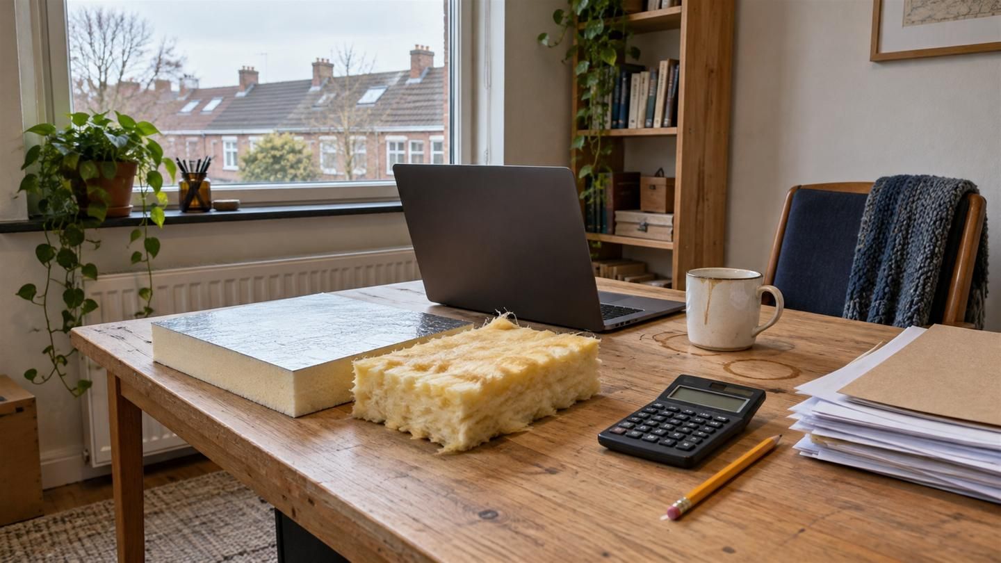 Bureau met een laptop, een rekenmachine en een stuk PIR-plaat naast een stuk glaswol