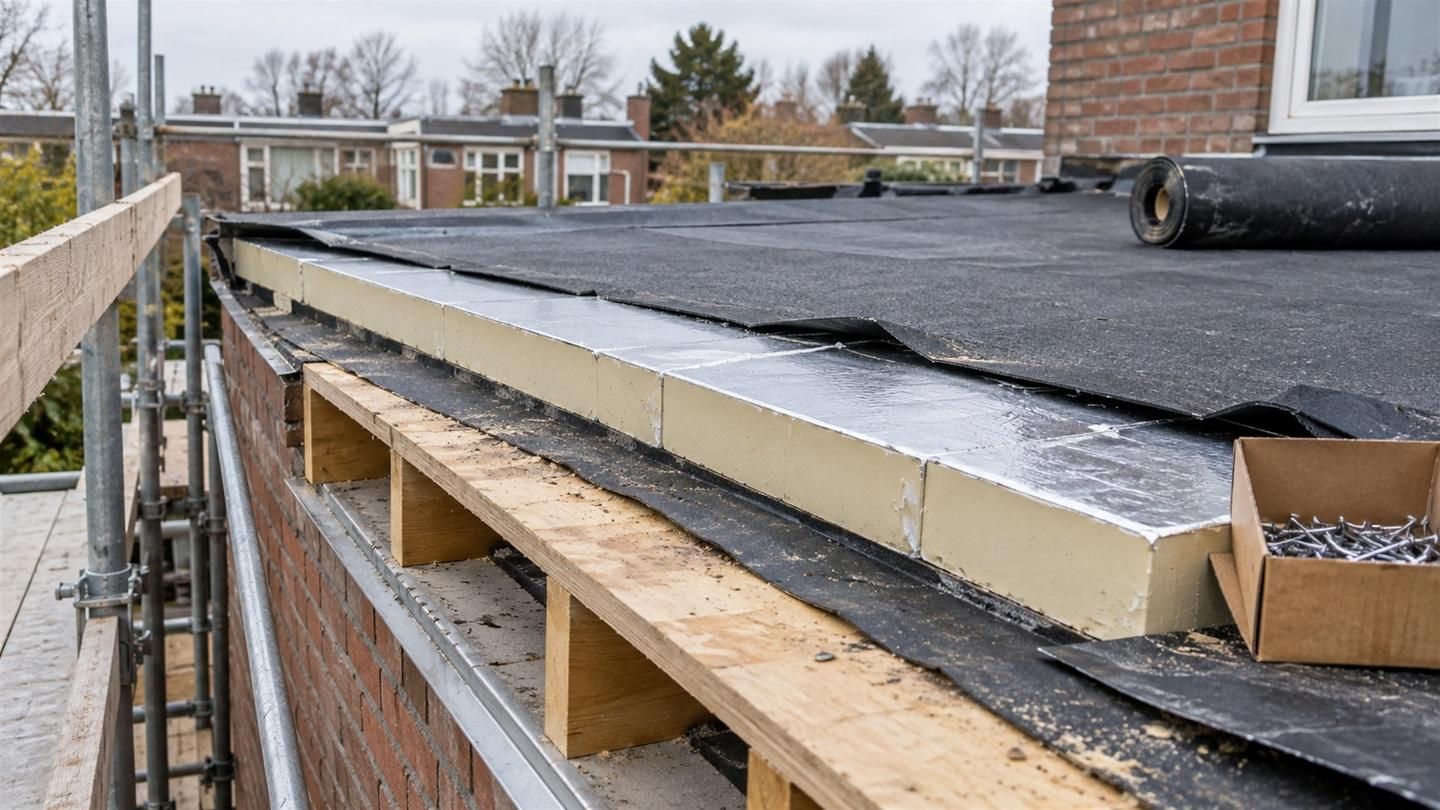 Rand van een plat dak in renovatie met dakbeschot, dampremmende laag, isolatieplaten en bitumen dakbedekking