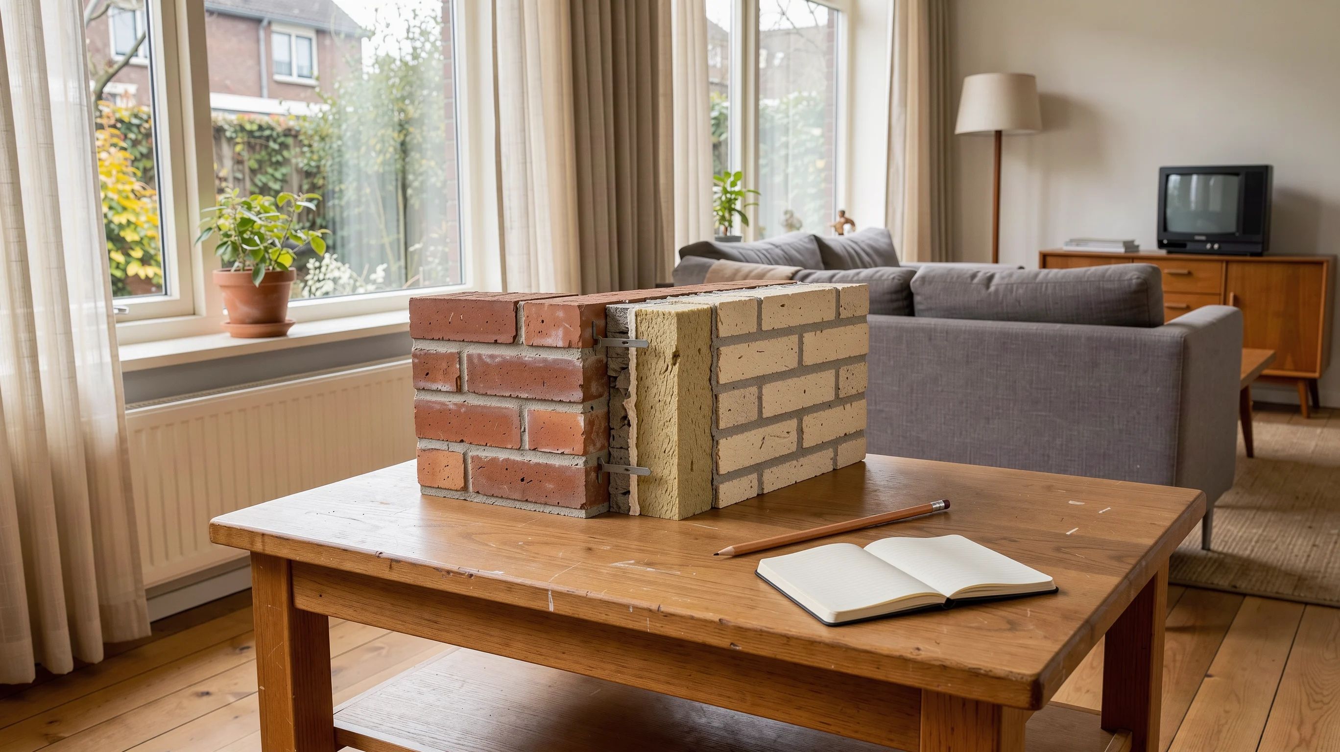 Doorsnedemodel van een geïsoleerde muur op een tafel in een woonkamer.