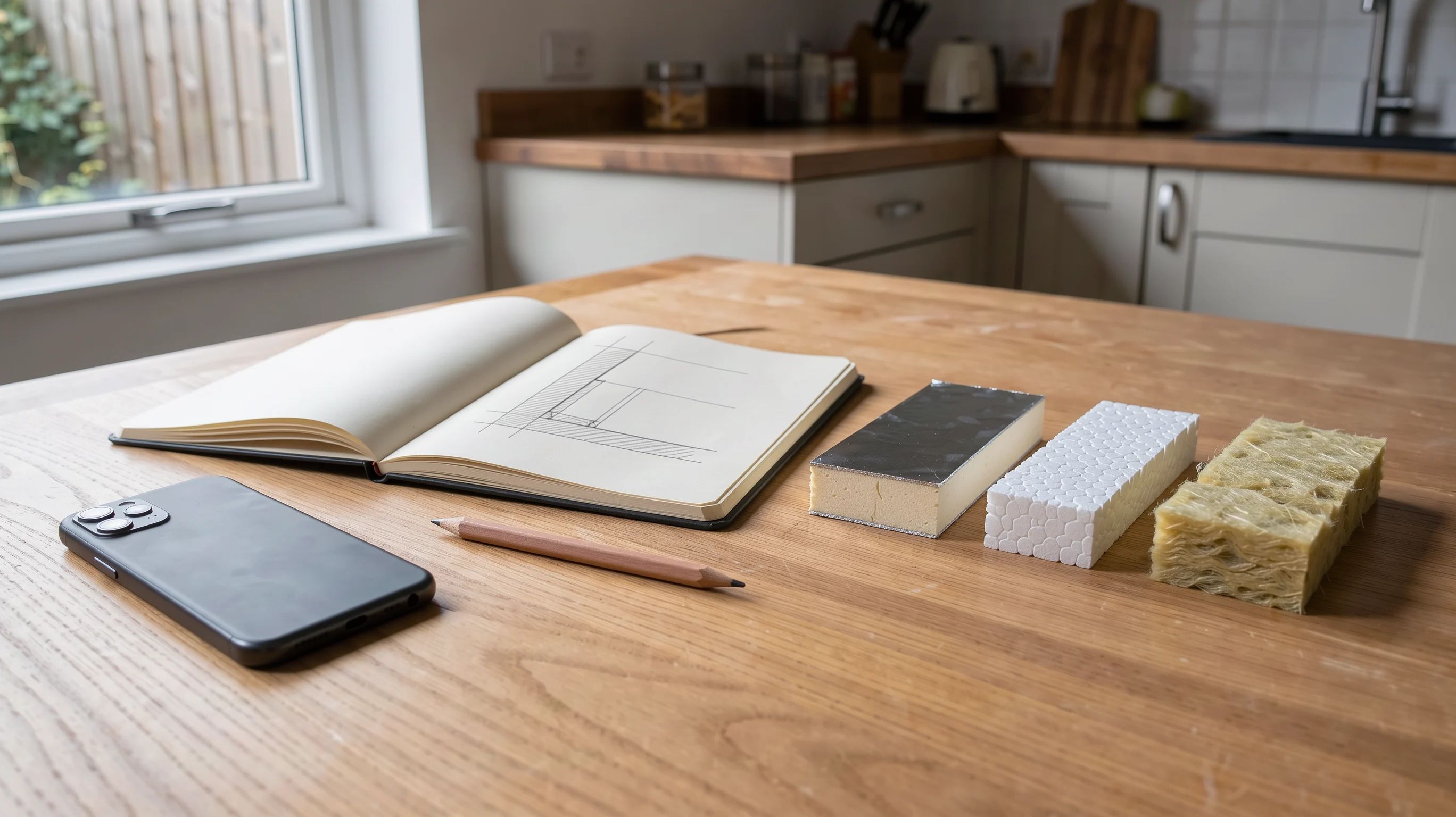 Naslagwerk en verschillende monsters isolatiemateriaal op een houten tafel.