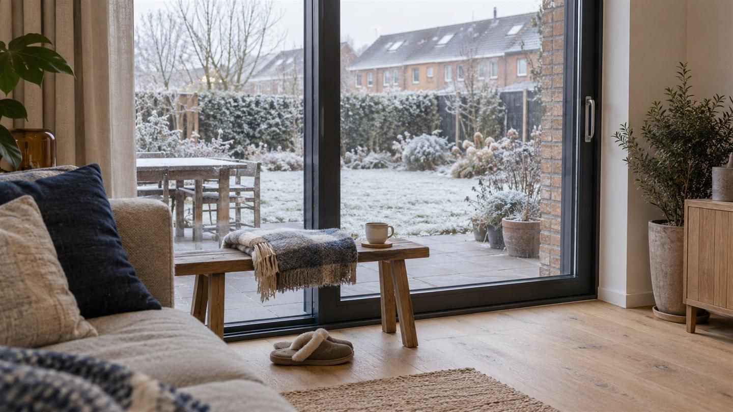 Bankje met een kop thee vlak bij een schuifpui met triple glas; buiten een koude wintertuin met rijp