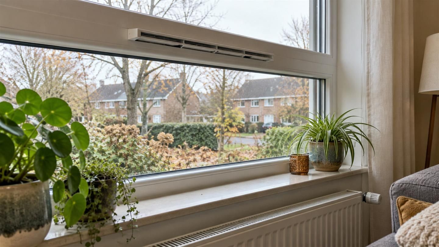 Geopend ventilatierooster boven een wit kunststof raam in de woonkamer, buiten kale bomen
