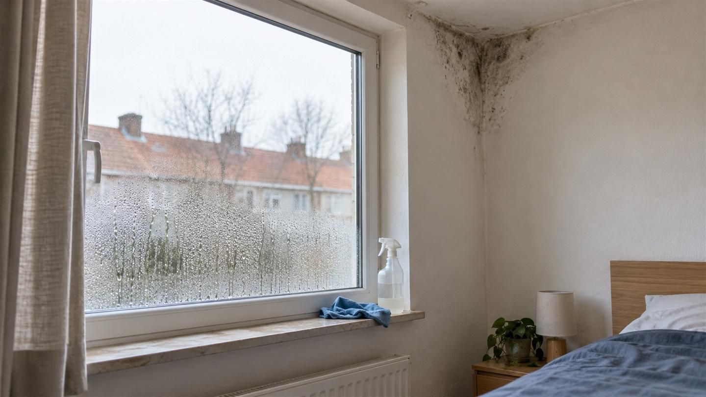 Schimmelplek in de hoek van een slaapkamer, naast een raam vol condens met een doekje op de vensterbank