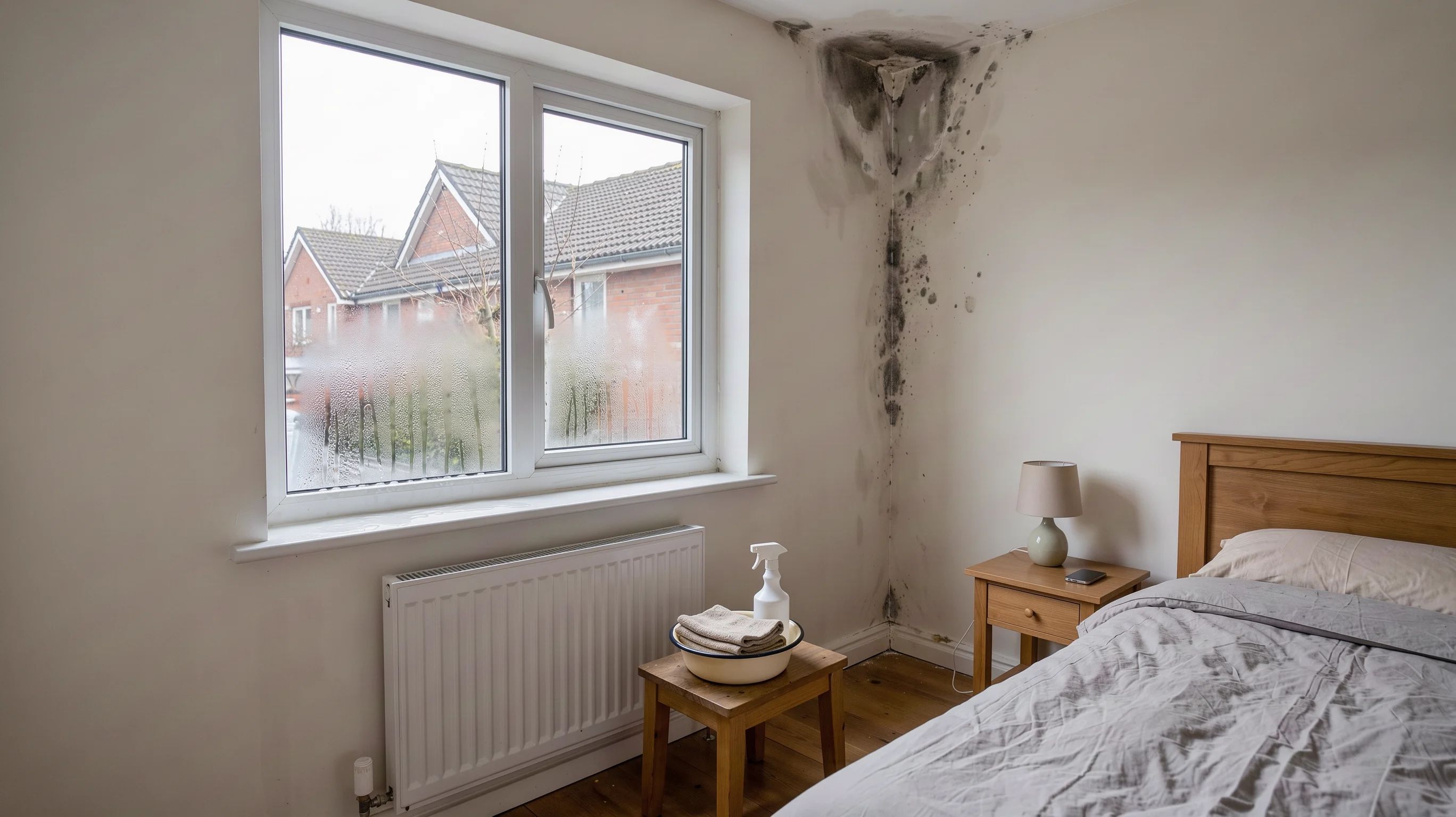 Schimmelplek in de hoek van een slaapkamer, naast een raam vol condens met een doekje op de vensterbank