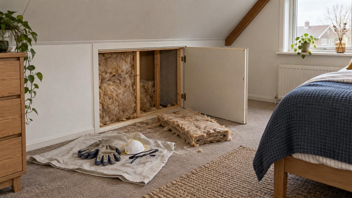 Open knieschot van een zolderkamer, half gevuld met bruinbeige glaswol, met een stofmasker op een stoflaken